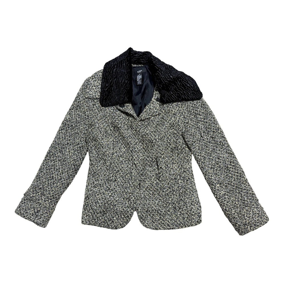 Alfani Jacket Womens 4P Black White Metallic Tweed Faux Fur Collar Petite